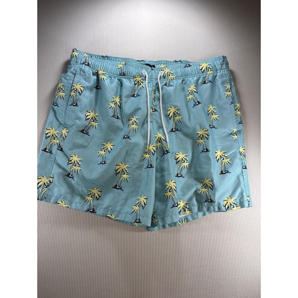 Hollister Men's Aqua Blue Swim Trunks Palm Trees Drawstring 6" Inseam Beach L